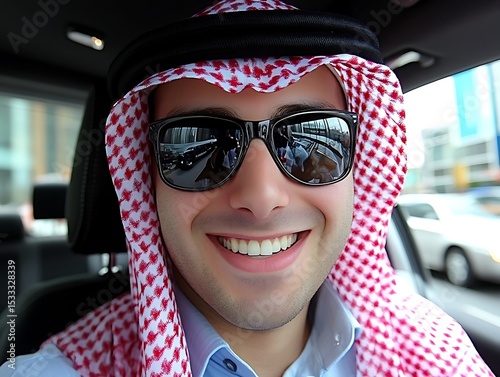 Man in traditional headwear smiling in car