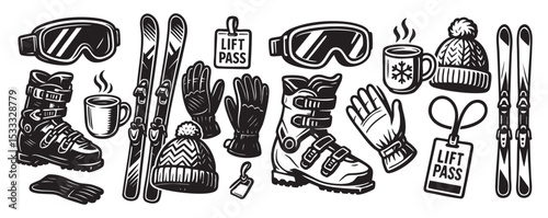 Winter Sports Gear Collection featuring Ski Goggles, Boots, Gloves, Beanie, Skis, and Hot Beverage.

