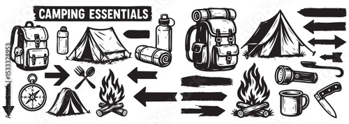 hiking essentials pack backpack, map., compass boots, camp tent set vector illustration