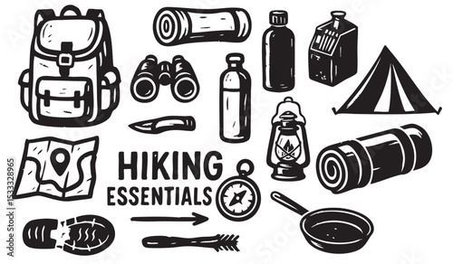 hiking essentials pack backpack, map., compass boots, camp tent set vector illustration