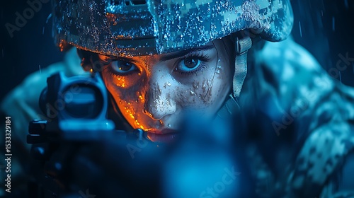Woman soldier aiming rifle in rain