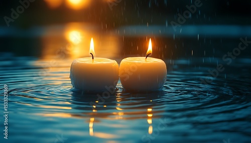 Two candles on water, sunset, rain
