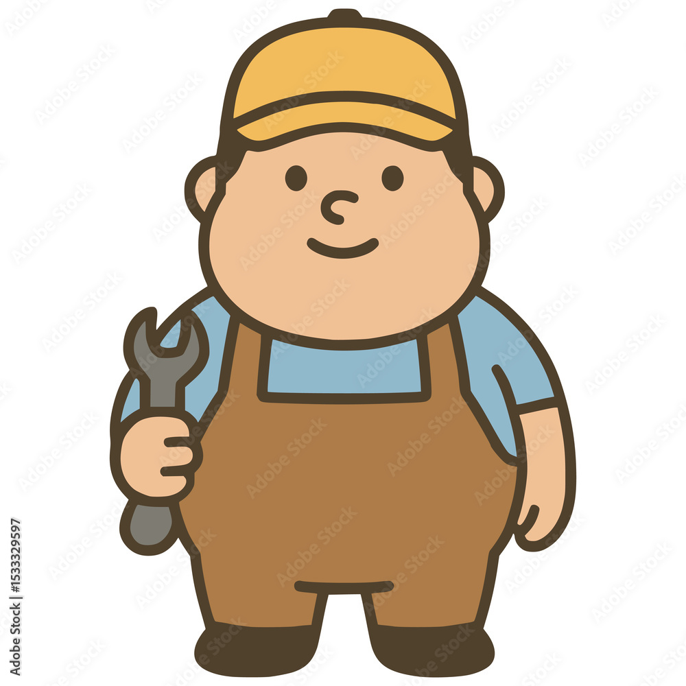 Naklejka premium fat technician worker cartoon character flat color vector illustration template design