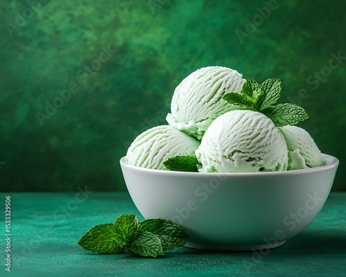 Mint ice cream scoops in white bowl