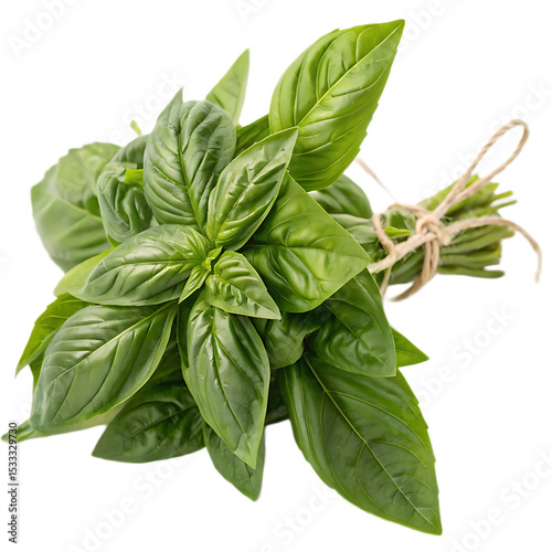 A bunch of fresh basil leaves tied together with twine on a black background close up top down view