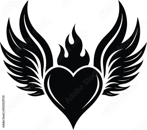 Flaming Heart with Wings Silhouette