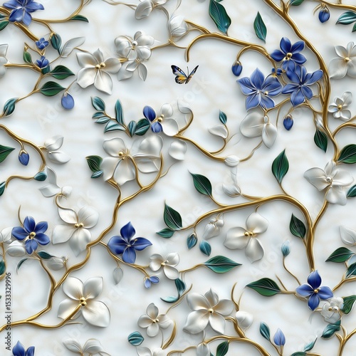 Seamless 3D pattern of white and blue flowers with golden branches and a butterfly on a subtly textured white background, elegant and enchanting