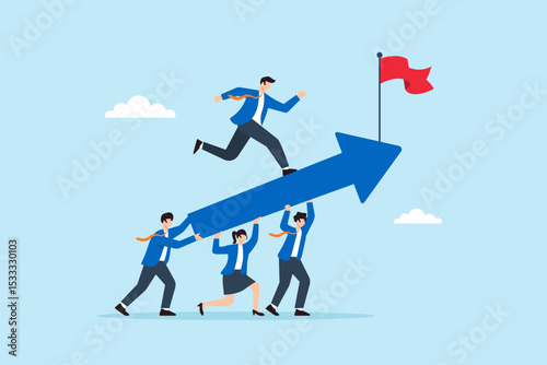 Flat illustration of business team supporting upward arrow while leader runs on top to reach red flag symbolizing achievement and collective success