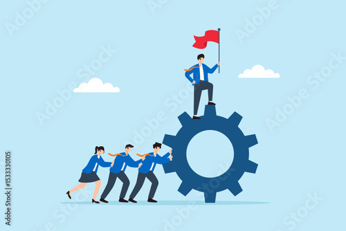 Flat illustration of business leader holding flag on top of giant gear powered by team members to symbolize teamwork and driving success together