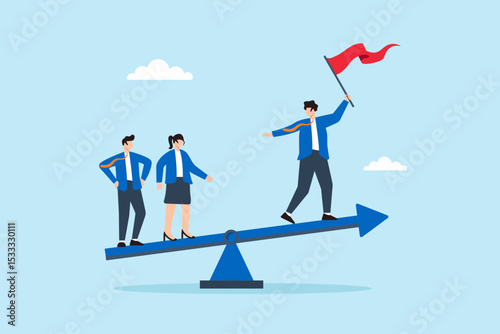 Flat illustration of businessman leader balancing on seesaw arrow with flag while supported by team members to lead stable progress and direction