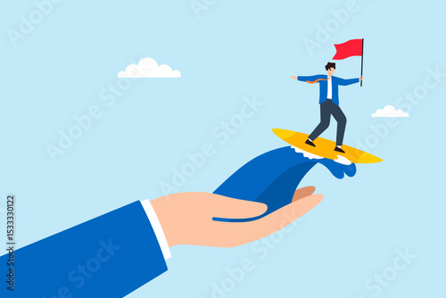 Flat illustration of businessman leader surfing on giant hand wave of support while holding flag to symbolize business achievement and trust