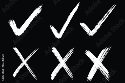 Check mark and cross mark. Grunge brush hand draw Yes and no icon. Check mark or tick mark and cross with brush signs. Grunge checkmarks and cross symbols set.