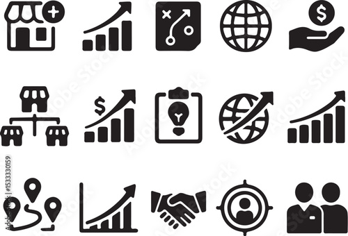  business growth icons, expansion vector, global retail, investor icon, market entry, scalable business icon, black and white vector, editable outline,