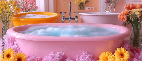 Pink bathtub filled with bubbly water, surrounded by flowers