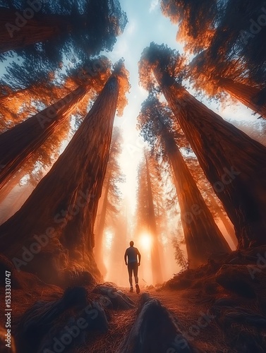 Man in forest, sunrise, tall trees