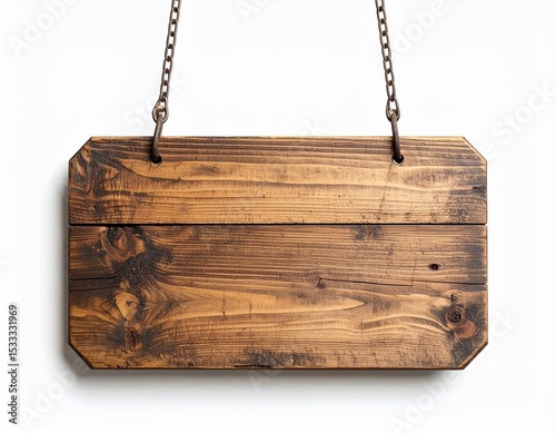 Vintage wooden signboard with scratched surface and natural imperfections, hanging from nails, isolated on white background, ideal for pub, bar, or rustic ranch themes