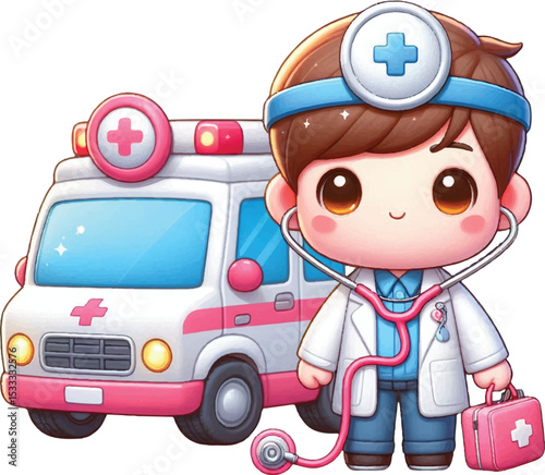 CUTE CARTOON DOCTOR CHARACTER WITH AMBULANCE AND MEDICAL KIT – KAWAII STYLE CLIPART