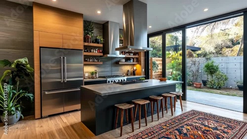 Modern kitchen interior design with island, stools, fridge and backyard garden view.