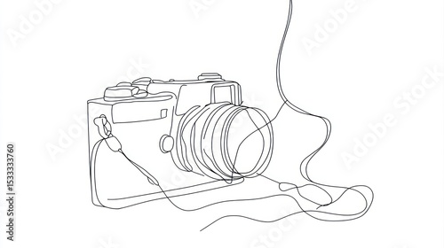 Minimalist line art capturing the essence of a vintage camera with detailed lens and strap against a clean white background