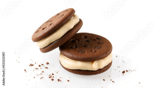 Two chocolate sandwich cookies with cream filling, isolated on transparent background with crumbs.