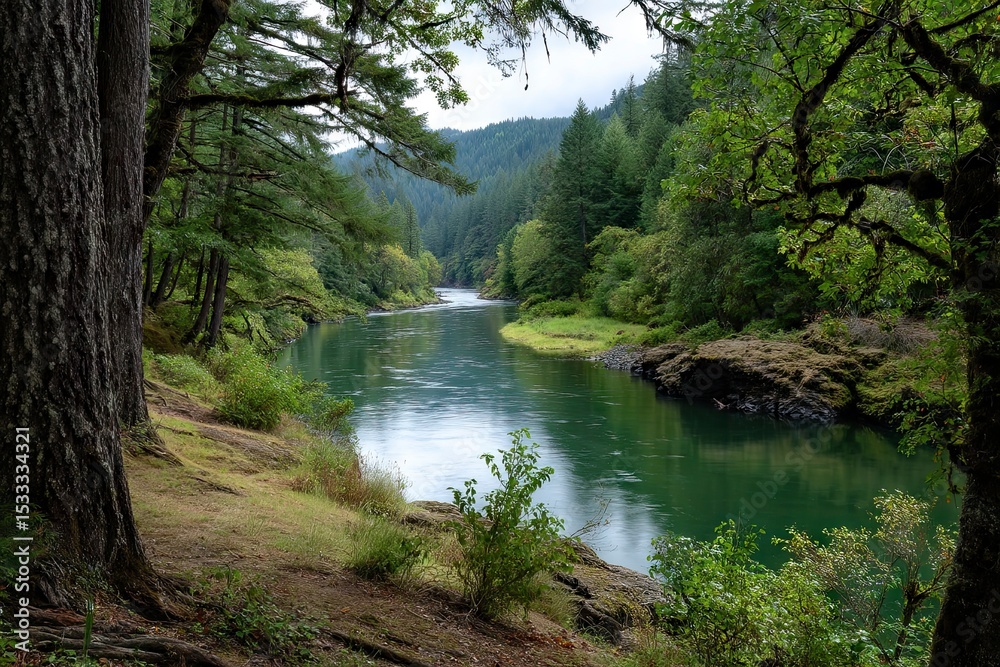 Obraz premium A serene scene depicting a river flowing gently through a lush forest of trees.