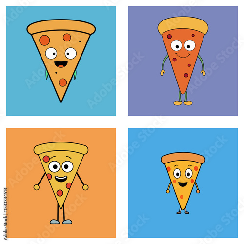 Four cartoon pizza slices with different expressions and backgrounds in a colorful grid pattern design