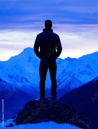 Man standing on mountain top at dusk