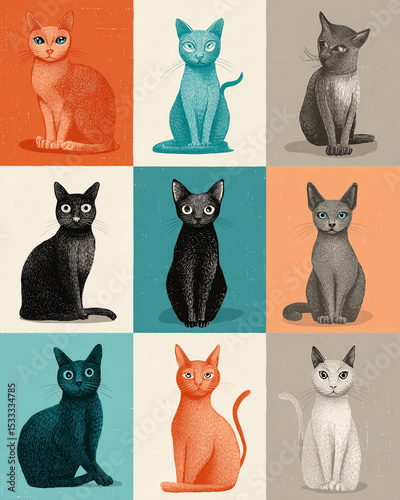 A grid of nine colorful cat illustrations with different background colors