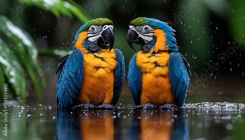 Two macaws in the rain