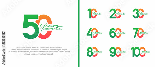 set of anniversary logo flat green and orange color on white background for celebration moment