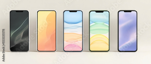Five smartphones standing in a row with colorful screen displays showing