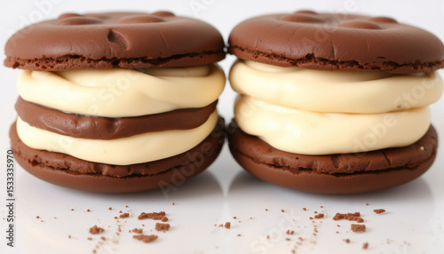 Two chocolate sandwich cookies with cream filling, isolated on transparent background with crumbs.