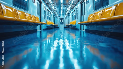 Empty subway car interior with yellow seats and blue floor