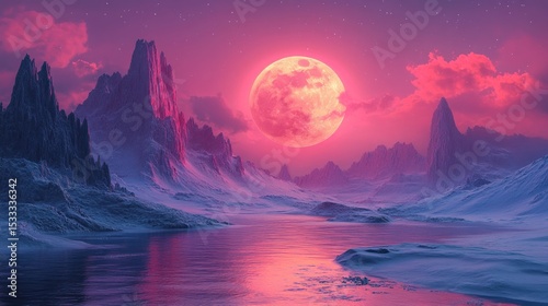 Vast, frozen landscape under a vibrant pink moon