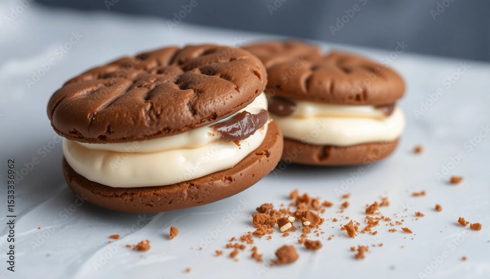 Two chocolate sandwich cookies with cream filling, isolated on transparent background with crumbs. Two chocolate sandwich cookies with cream filling, isolated on transparent background with crumbs.