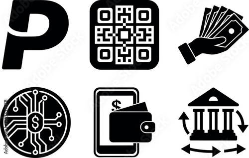 Payment methods and digital finance symbols silhouette vector illustration