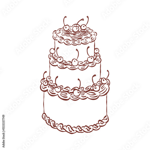 Whimsical cherry cake. Vintage style minimalist outline ink elegant element. Trendy coquette line food. Hand drawn scribble isolated vector illustration. Old party birthday anniversary, wedding design