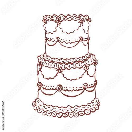 Whimsical cake. Vintage style minimalist outline ink elegant element. Trendy retro coquette line food. Hand drawn scribble isolated vector illustration. Old party birthday, anniversary, wedding design