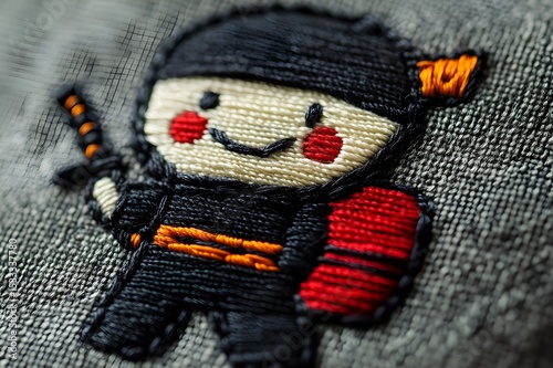Minimalist embroidery depicting a ninja with a ninja acid face smiling walking with a backpack. , in an oshare kei style	