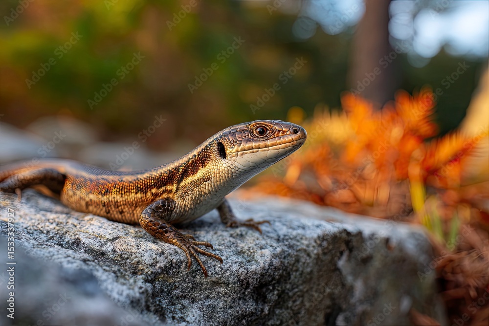 Naklejka premium Lizard on a rock at sunset in autumn with orange background