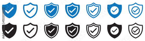 Shield with check mark icon set. Shield icon set with solid and outline icon style. eps file.