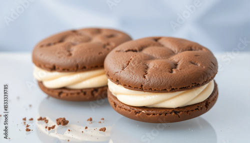 Two chocolate sandwich cookies with cream filling, isolated on transparent background with crumbs.