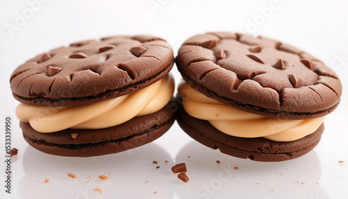 Two chocolate sandwich cookies with cream filling, isolated on transparent background with crumbs.