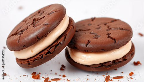 Two chocolate sandwich cookies with cream filling, isolated on transparent background with crumbs.