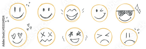 Doodle smile emoji face icon set. Kids hand drawn sketch. Emoticons with different emotion. Mood, confused, sad, happy, in love, smiling scribble. Freehand drawing comic isolated vector illustration