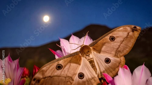 Large moth resting on pink cactus flowers under a bright moon on a clear night with distant mountains
