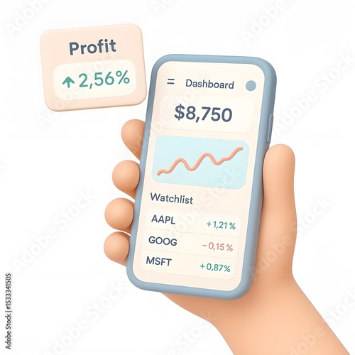 3D illustration of a hand holding a smartphone displaying a clean stock trading dashboard with charts, portfolio balance, and market watchlist.