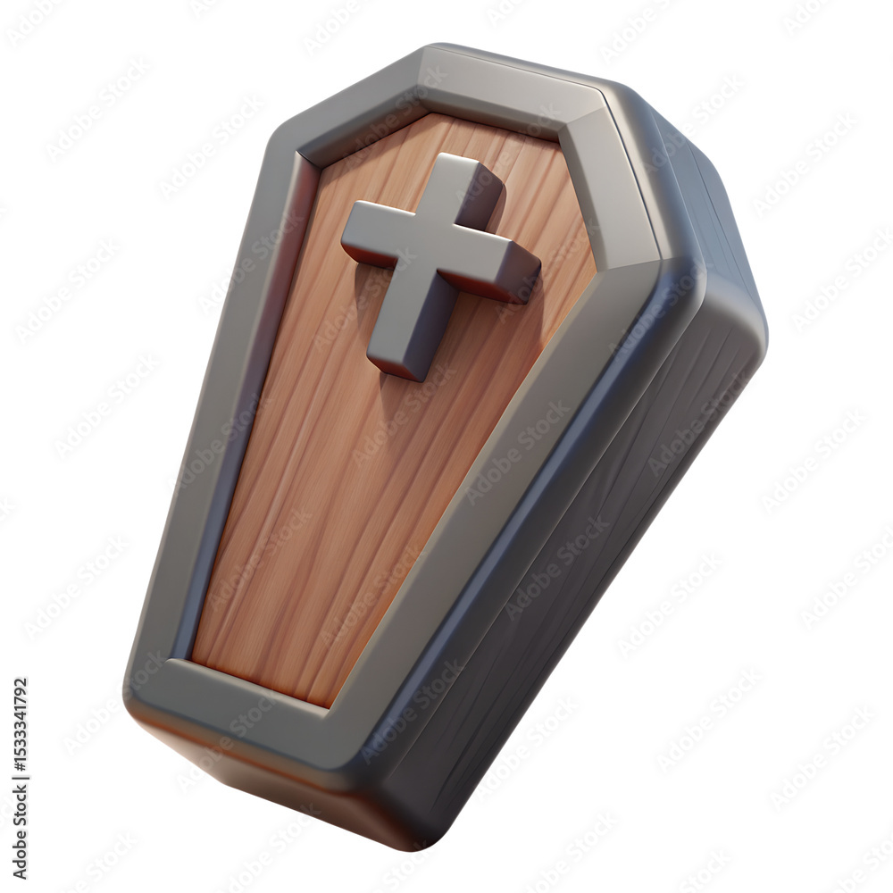 Obraz premium 3d render of a wooden coffin with a cross against isolated white background