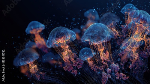 Glowing Jellyfish in Vibrant Coral Reef Ecosystem with Luminous Underwater Fantasy World, Purple Blue Pink Hues