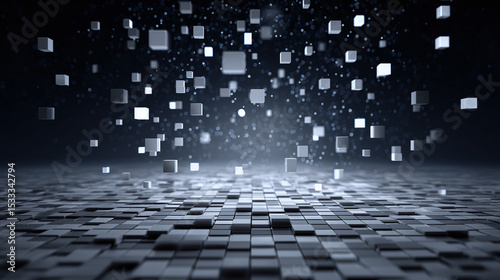 Digital pixel background with floating slate grey cubes and white squares, creating futuristic and dynamic 3D abstract scene with depth and glowing particles